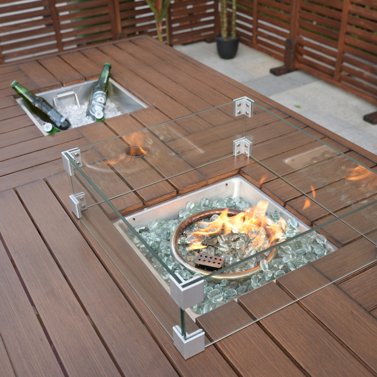 Direct Wicker 6 Seats Rectangular Aluminum Painted Fire Table with Ice Bucket and Fireplace (PAG-1106FI-Table)