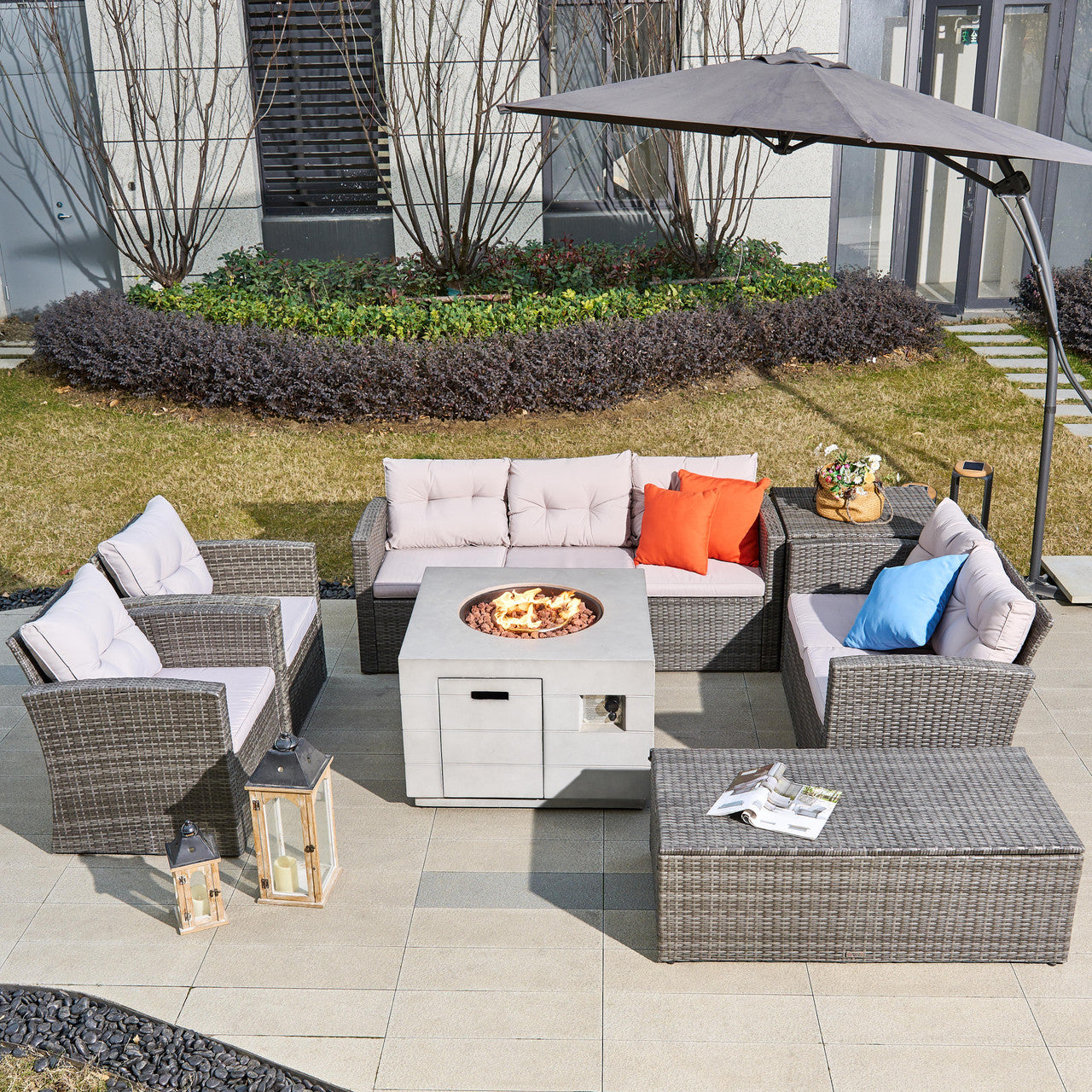 Direct Wicker 7-Piece Outdoor Fire Pit Sofa Set with Hand-Woven Rattan