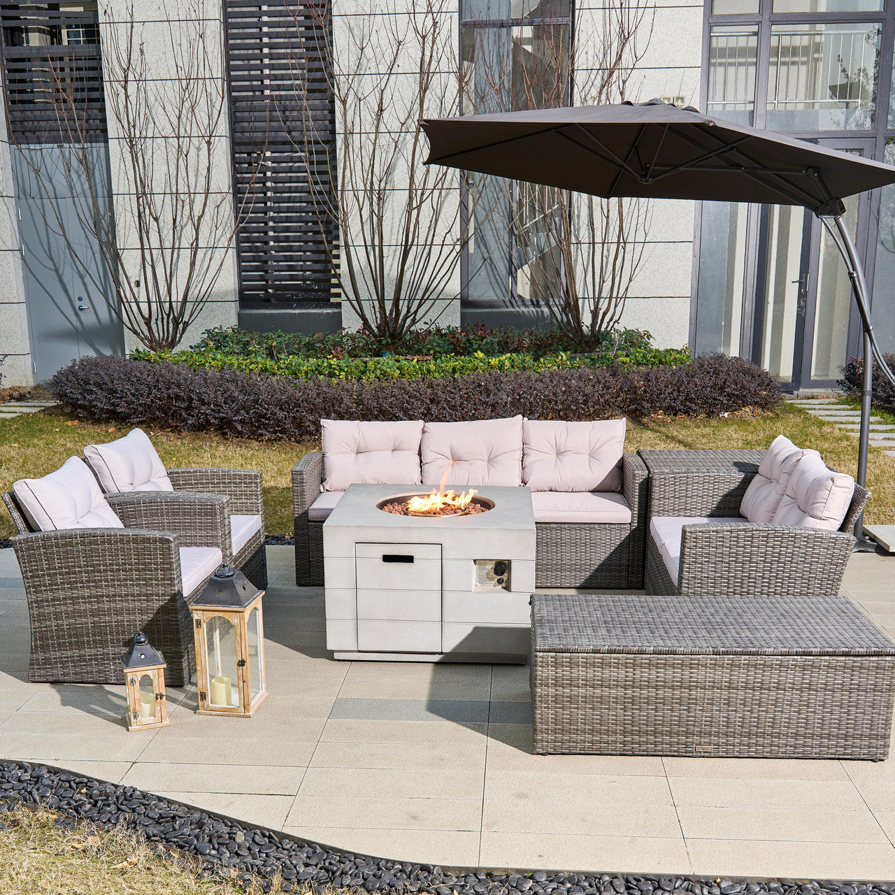 Direct Wicker 7-Piece Outdoor Fire Pit Sofa Set with Hand-Woven Rattan