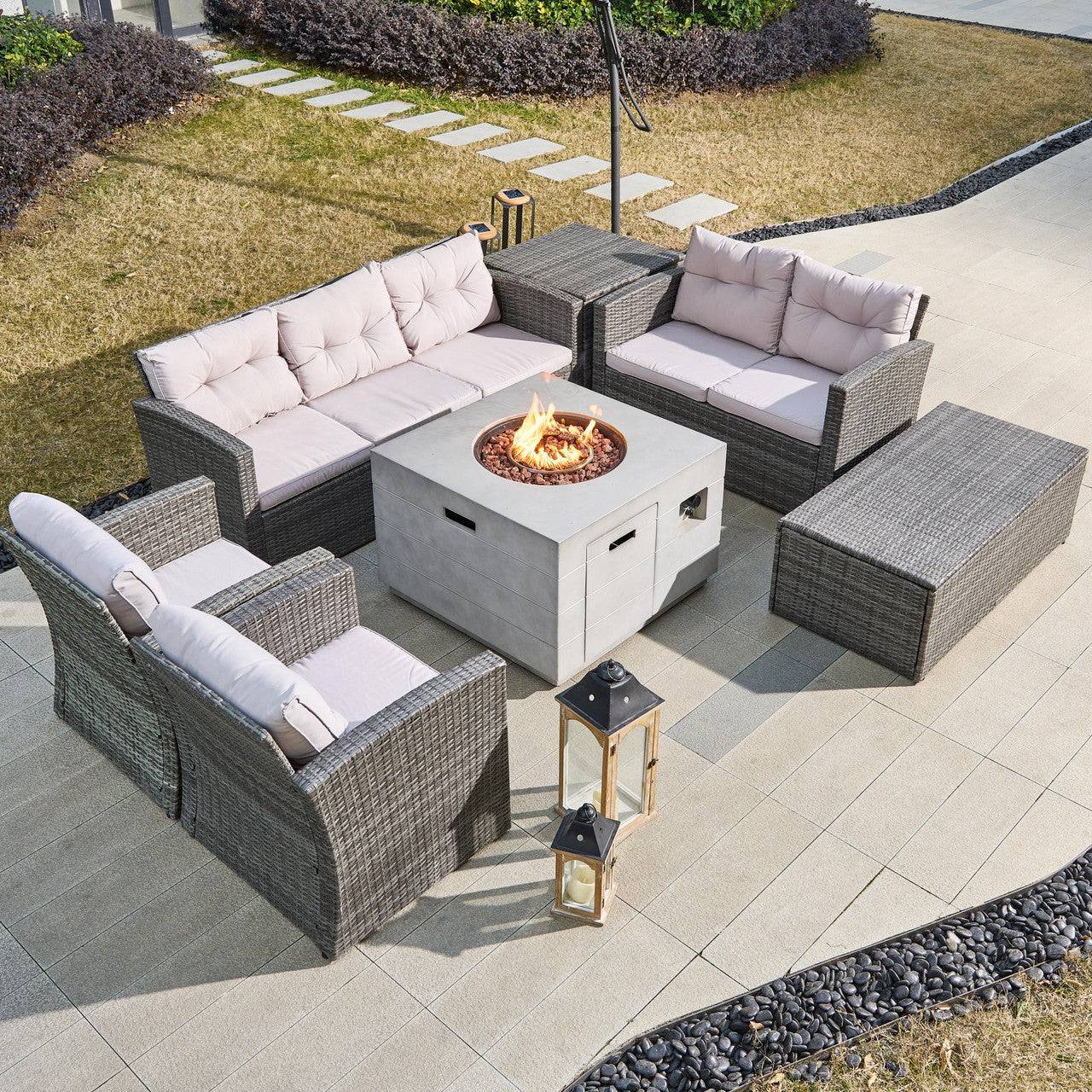 Direct Wicker 7-Piece Outdoor Fire Pit Sofa Set with Hand-Woven Rattan