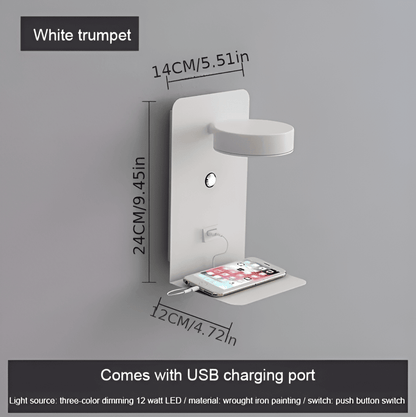 DualDelight - LED-Sängvägglampa i Aluminium med Hylla och USB-Laddningsinterface
