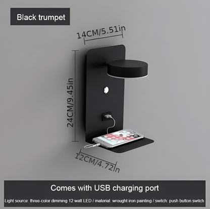 DualDelight - LED-Sängvägglampa i Aluminium med Hylla och USB-Laddningsinterface