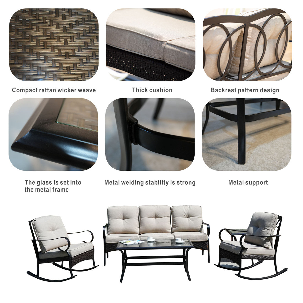 Direct Wicker Elegant Rocking Chair and Three-Seater Sofa Set – Paired with Functional Side Table and Coffee Table for a Perfect Home Experience PAS-2025-Set