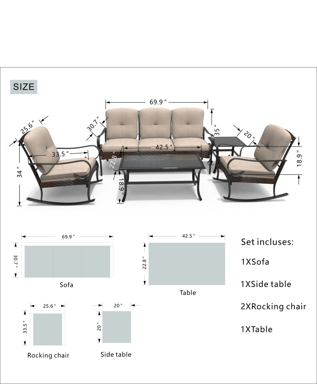 Direct Wicker Elegant Rocking Chair and Three-Seater Sofa Set – Paired with Functional Side Table and Coffee Table for a Perfect Home Experience PAS-2025-Set