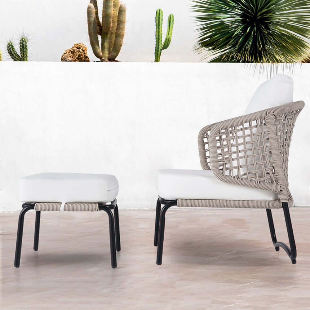 Modernt aluminium & rep utomhus stolset med ottoman i vitt och svart