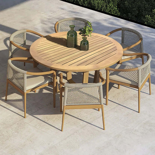7 Delars Teak Utomhusmatset Runt Matbord Med 6 Stolar Naturlig