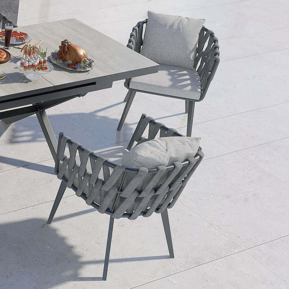 Aluminium- och Rattan Utomhus Patio Matstolsfåtölj Grå Set om 2