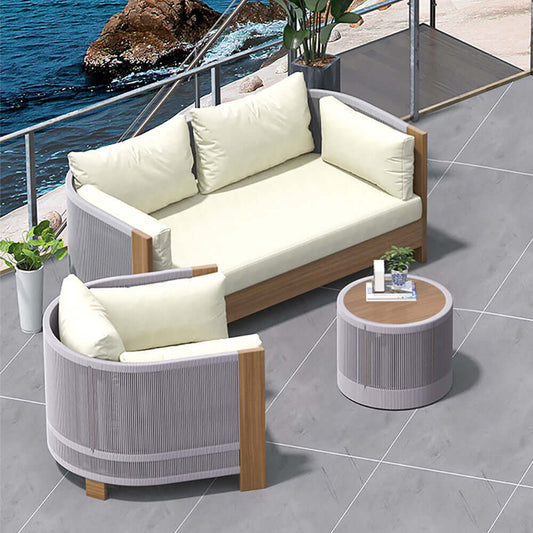 Utomhus Loungegrupp Med Runt Soffbord I Teak Och Repstol