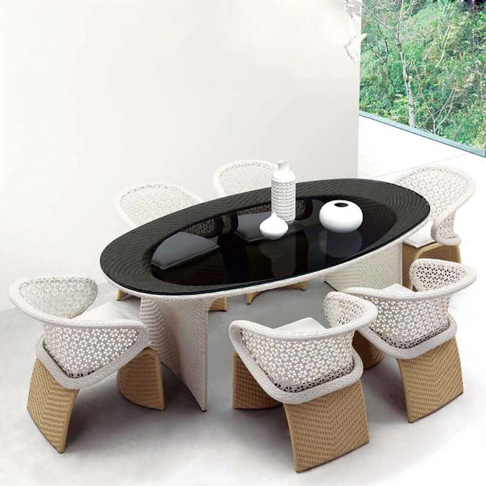 7 Delar Modern Aluminium Ute Matbordset Med Oval Glasbord Och Rattan Fåtölj