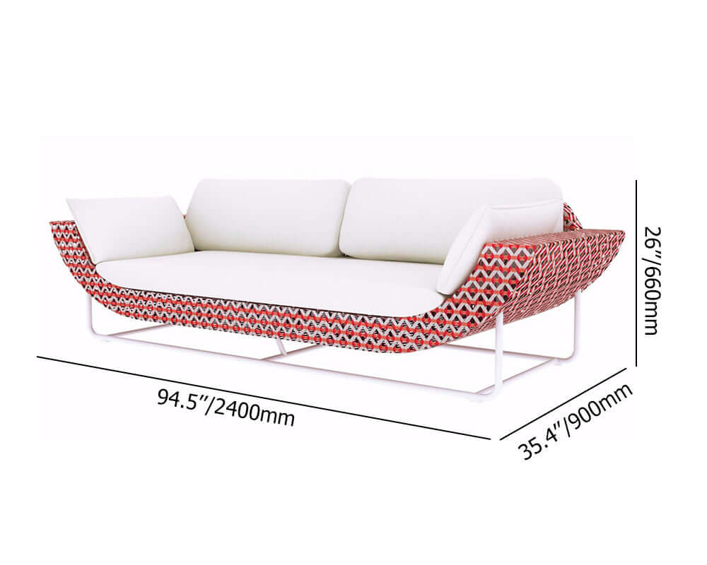 94,5 Tum Bred Modern Aluminium Och Rattan Utomhussoffa Med Kudde I Vitt Och Orange