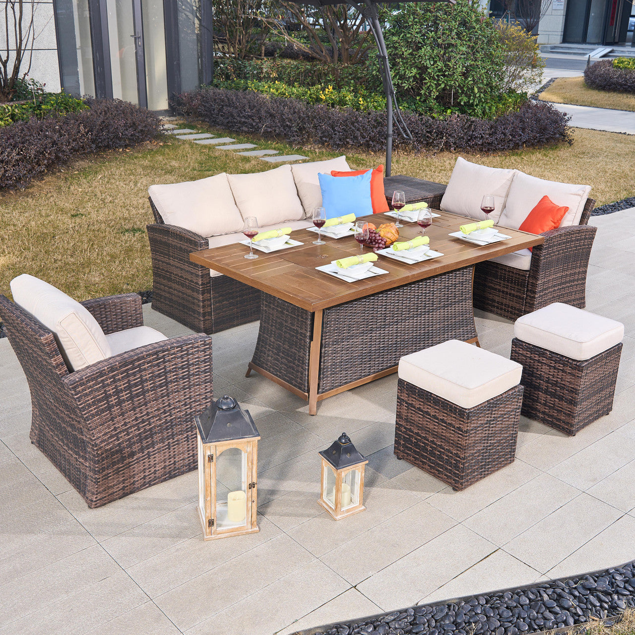 Direct Wicker 7-Piece Wicker Patio Conversation Sofa Set Fire Pit Table with Ice Bucket (PAG-1403B+1106FI)