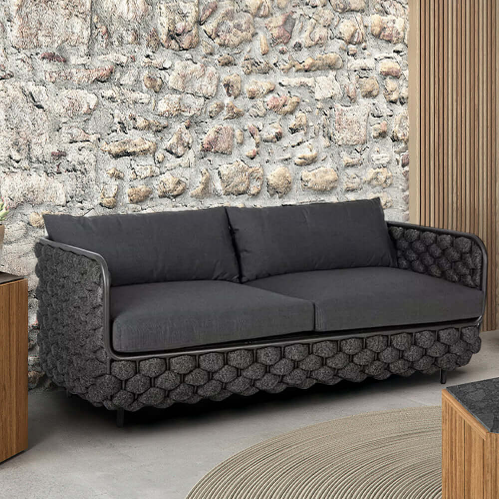 Bred Modern Aluminium & Rep Utomhus Loveseat Uteplats Soffa Med Kuddar I Svart