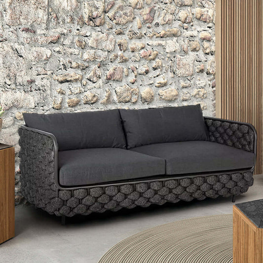 Bred Modern Aluminium & Rep Utomhus Loveseat Uteplats Soffa Med Kuddar I Svart