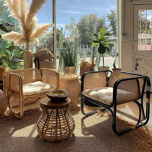 Naturlig Rattan Accent Stol Ask Trä Arm Stol Inomhus/Ute