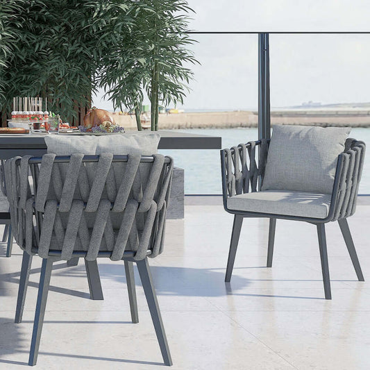 Aluminium- och Rattan Utomhus Patio Matstolsfåtölj Grå Set om 2