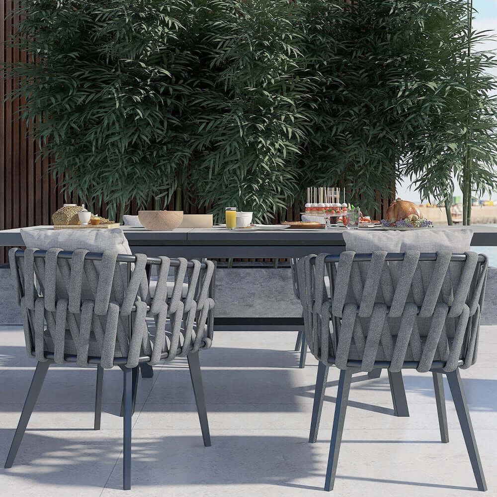 Aluminium- och Rattan Utomhus Patio Matstolsfåtölj Grå Set om 2